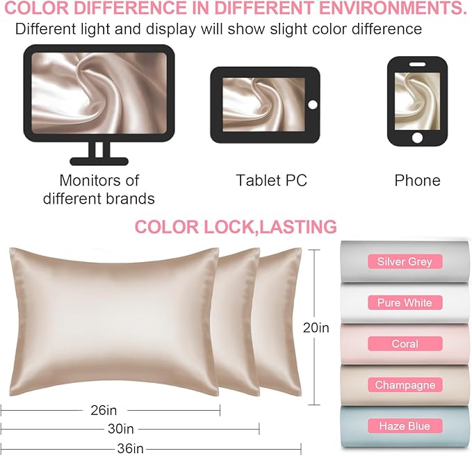 Mulberry Silk Pillow Cases 2 Pack King Size 20x36 Inches with Hidden Zipper, Ultra Smooth and Soft Breathable Cooling Silk Satin Pillowcase Set of 2, Better for Hair and Skin, Gifts for Women Men