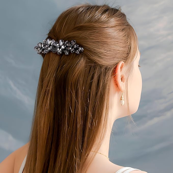Joez Wonderful Rhinestone Hair Clip Sparkly Crystal Barrettes French Wedding Prom Engagement Pageant First Communion Hair Decorative Accessories for Women Bride Thick Long Hair (Flower Grey, 1 Pcs)