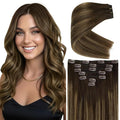 Ve Sunny Human Hair Clip in Extensions Brown Balayage Clip in Hair Extensions Ombre Dark Brown to Caramel Blonde Hair Extensions Real Human Hair Clip in 7pcs 20inch 120g