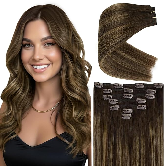 Ve Sunny Clip in Human Hair Extensions Dark Brown Balayage Caramel Blonde Human Hair Clip in Extensions 14inch Short Hair Extensions Real Human Hair Clip ins 100g 7Pcs
