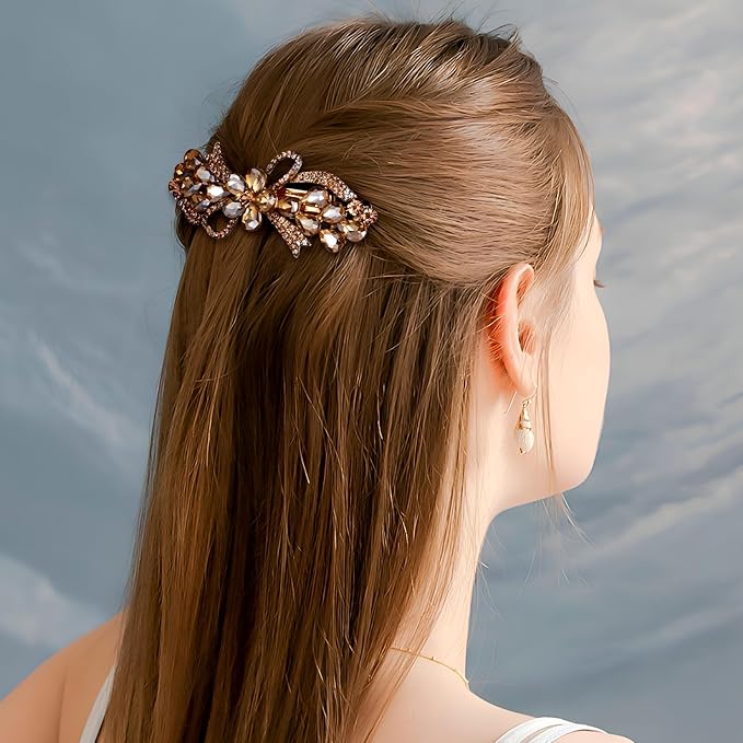 Joez Wonderful Rhinestone Hair Clip Sparkly Crystal Barrettes French Wedding Prom Engagement Pageant First Communion Hair Decorative Accessories for Women Long Hair (Bow Champagne 1 Pcs)