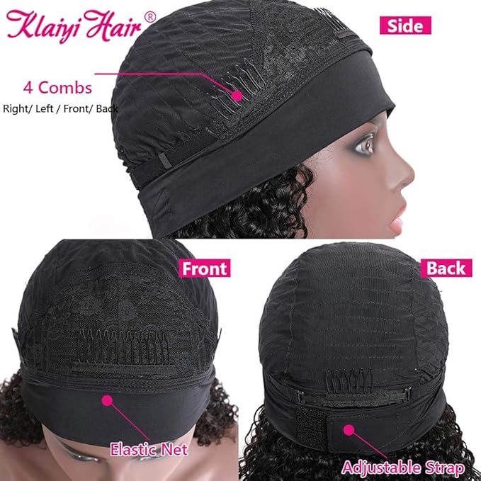 KLAIYI Headband Human Hair Wig Water Wave Curly Non Lace Front Wigs for Black Women Deep Wave Glueless Wear and Go Half Wig with Band 30S Ready to Wear Beginner Friendly 180% Natural Hairline 16Inch