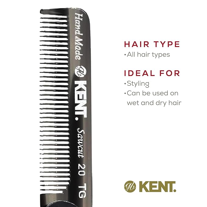 Kent 20T Black Graphite Handmade Folding Pocket Comb for Men, Fine Tooth Hair Comb Straightener for Everyday Grooming Styling Hair, Beard or Mustache, Use Dry or with Balms, Saw Cut, Made in England