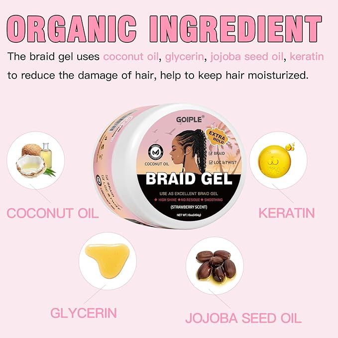 16oz Big Capacity Braid Gel Good for Twist, Locs, Braids, Edge No Flake Extra Hold High Shine Braiding Gel & Edge Control, Loc Gel Long Lasting for Locks, Cornrows Smooths & Tames Frizz