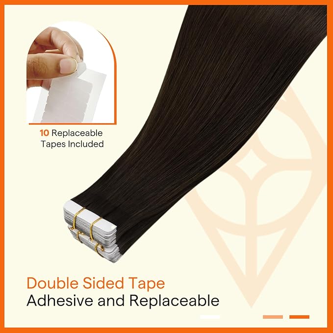 Full Shine Virgin Tape in Hair Extensions Human Hair Color Dark Brown Seamless Invisi Edge Tape in Hair Extensions Virgin Hair Remy Skin Weft 25Gram 10pcs 18Inch Add Length Natural for Formal Event