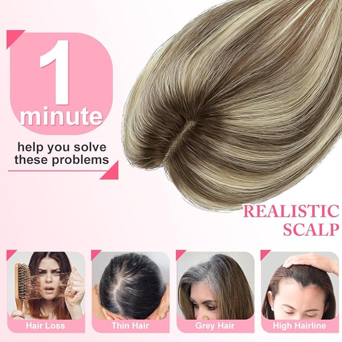 Hair Toppers for Women Real Human Hair Topper for Women with No Bangs Hairpieces Comfortable and Breathable 10 Inch Swiss Base 3D 360°Cover Glue-free (Medium Brown with Ash Blond Highlights)