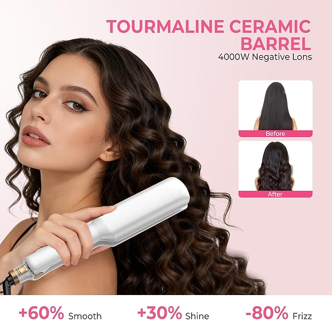 Hair Crimper Waver Curling Iron, 1/2 Inch Beach Waves Curling Wands, Ceramic 2 Barrels Deep Waver, Dual Voltage Hair Culer Tools with EU/UK Plug Adapter,12 Temps, 30S Heat up, Auto-Off (White Gold)
