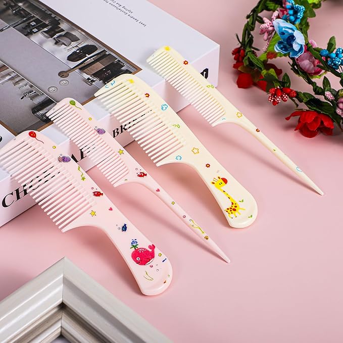 4Pcs Toddler Comb Set, Small Cute Fine Tooth Comb & Rat Tail Comb for Kids Styling, Mini Hair Combs Plastic Parting Combs, Anti-Static Hairdressing Combb for Baby Girl Wet Dry Hair (Pink Yellow)