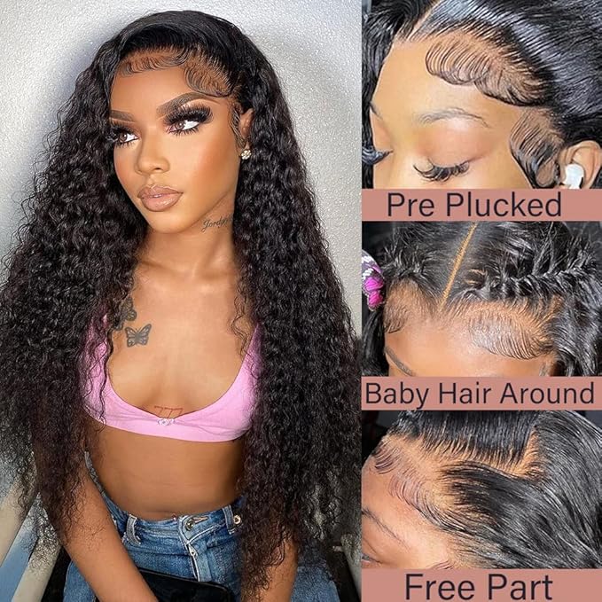 Deep Wave 13X6 HD Lace Front Wigs Human Hair Pre Plucked Brazilian Virgin Deep Curly Wigs with Baby Hair for Black Women Natural Black Color 200% Density 14 Inch