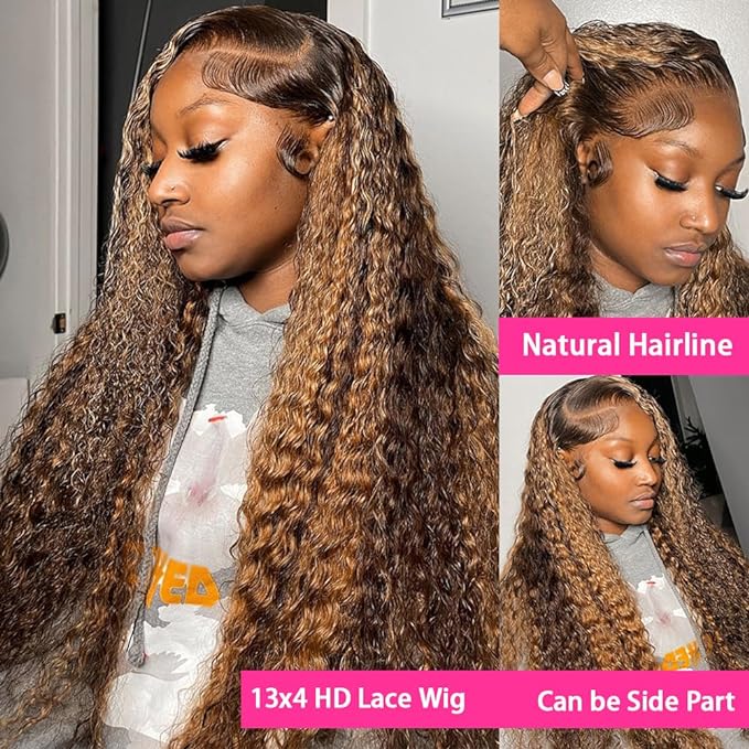 bangjazz 28 Inch Deep Wave Lace Front Wigs Human Hair 180% Density Highlight Ombre 13x4 Lace Frontal Wigs Human Hair HD Lace P4/27 Wigs for Black Women Human Hair Pre Plucked Curly Lace Front Wig