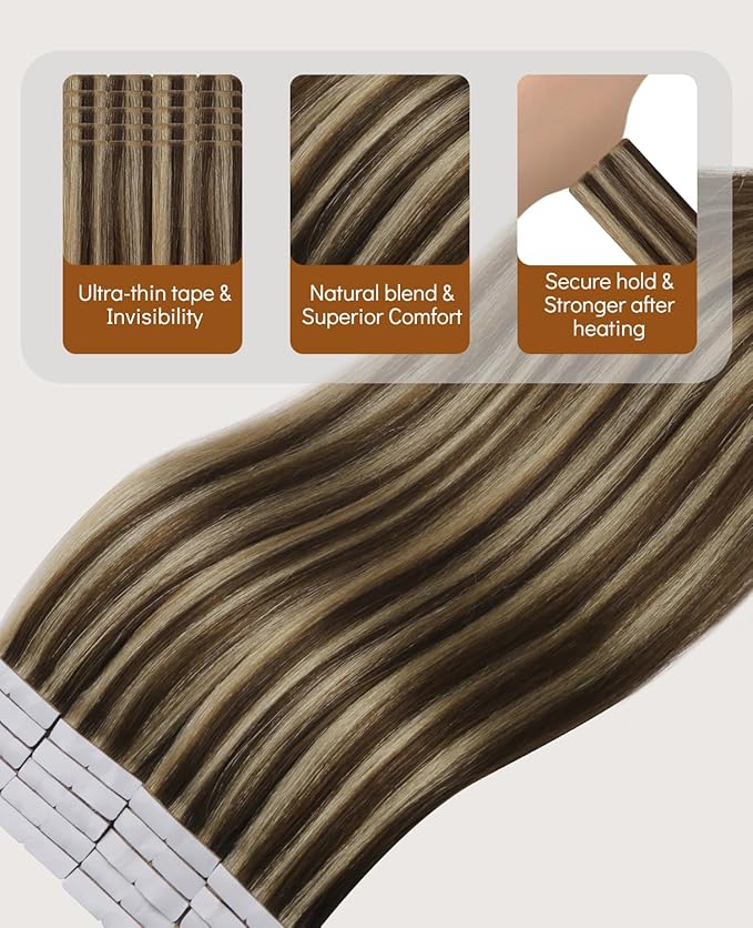 VINBAO Invisible Tape in Extensions Human Hair 50g 18in 20pcs Chocolate Brown Highlights Dark Blonde Seamless Injected Tape Ins Extensiones De Cabello 18inch #4P27