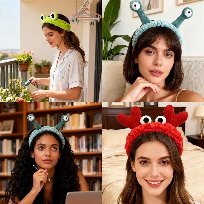 3pcs Spa Headband Cute Hair Band for Washing Face Women Microfiber Makeup Headbands with Snails Frog Crab Designs Coral Fleece Face Wash Facial Head Wraps Hair Lace for Cosmetic Shower