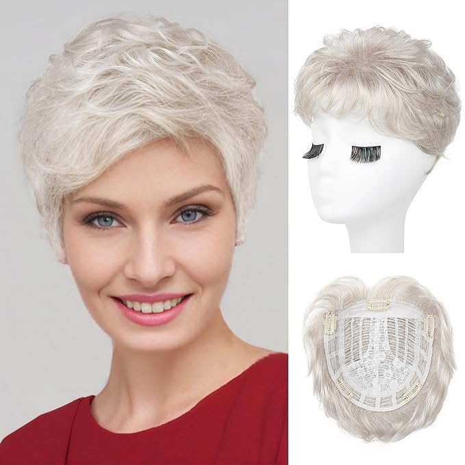 REECHO Hair Topper, Short Wiglet Hair Topper for Women Large Coverage Synthetic Top Crown Hairpiece for Women (Light Ash Blonde)