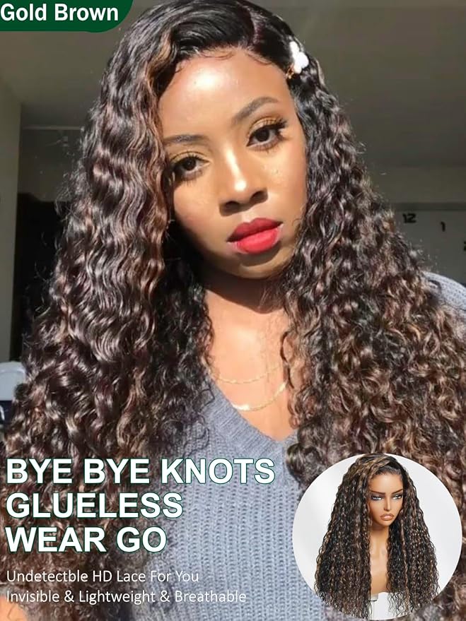 KLAIYI Golden Brown Water Wave Bye Bye Knots Glueless Wig Human Hair Highlight 7x5 Precut Lace Front Pre Plucked Bleached Ombre 3S Ready to Wear Go Beginners Wig with Dark Roots Deep Curly Wave 26Inch