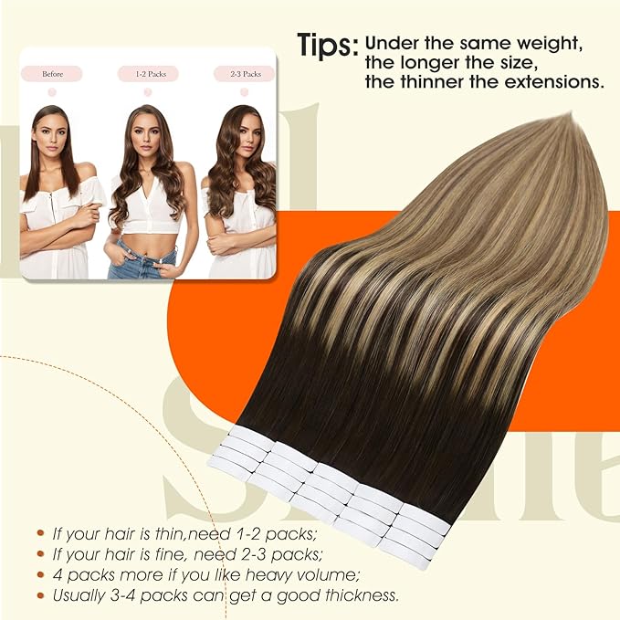 Full Shine Tape in Human Hair Extensions Color 2/8/27 Brown And Honey Blonde Tape in Hair Extensions Real Human Hair 20Inch Hair Extension 50G Seamless Human Hair 20Pcs Add Length for Wedding