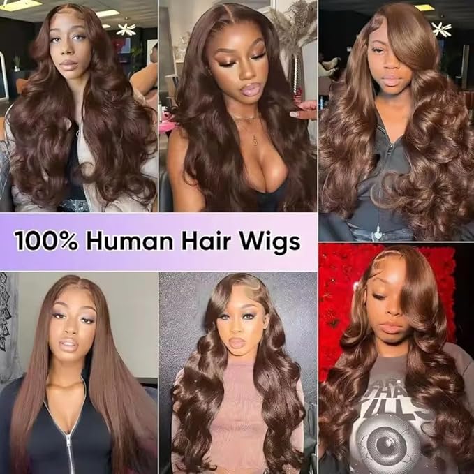 Chocolate Brown Lace Front Wigs Human Hair with Baby Hair 200 Density 13x4 Body Wave Lace Frontal Wigs Pre Plucked Hairline 4# Brown Wig 32 Inch