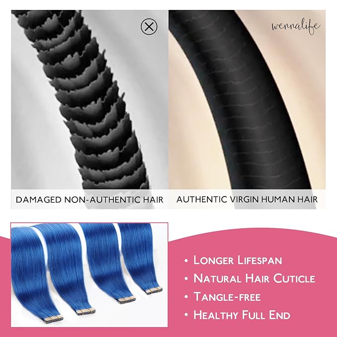 Wennalife Tape in Hair Extensions Human Hair Blue Tape in Extensions, 10pcs 20g 10 inch Remy Invisible Tape Ins Straight Colored Soft Real Human Hair Tape in Extensions Refill Set Extensions