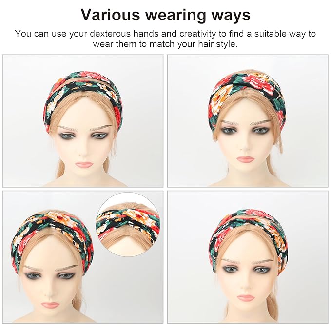 DRESHOW 6 Pack Boho Non-Slip Headbands for Women Girls Yoga Workout Running Knotted Turban Floral Printed Elastic Head Wrap