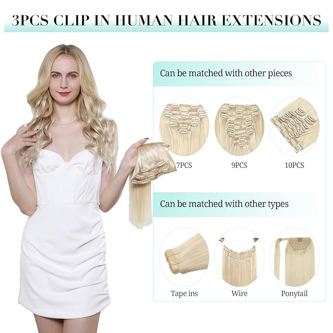 DOORES Hair Extensions Clip in Human Hair, 3pcs 60g 14 Inch Balayage Ash Blonde to Golden Blonde and Platinum Blonde Remy Clip in Human Hair Extensions Natural Straight Hair Extensions