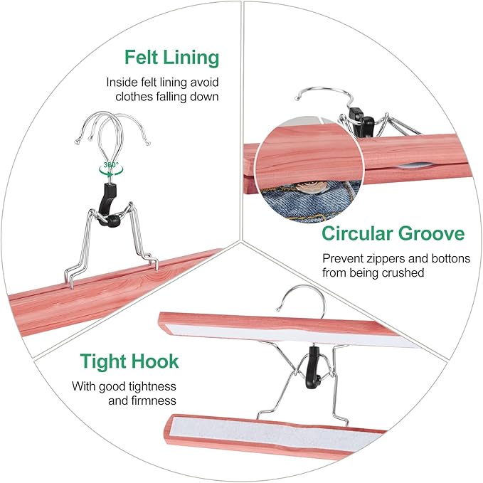 TOPIA HANGER 24 Pack Cedar Pants Hangers, Hair Extension Hangers Non Slip Skirt Hanger Wood Clamp with Velvet Padded 360° Swivel Hook for Jeans, Skirts, Trousers, Wigs CT68C