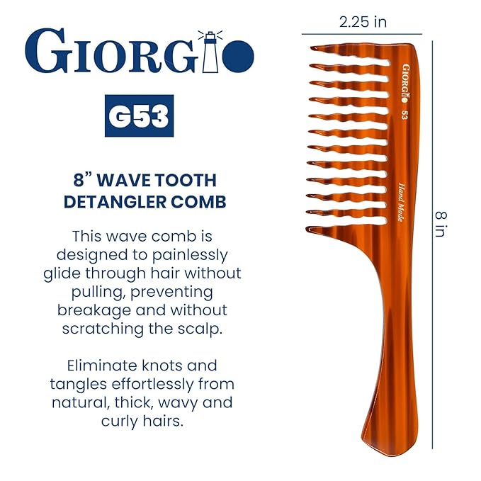 Giorgio G53 Wide Tooth Comb for Curly and Thick Hair, Large Handmade Rake Comb for Wet and Dry Use, Saw-Cut and Hand Polished (8")