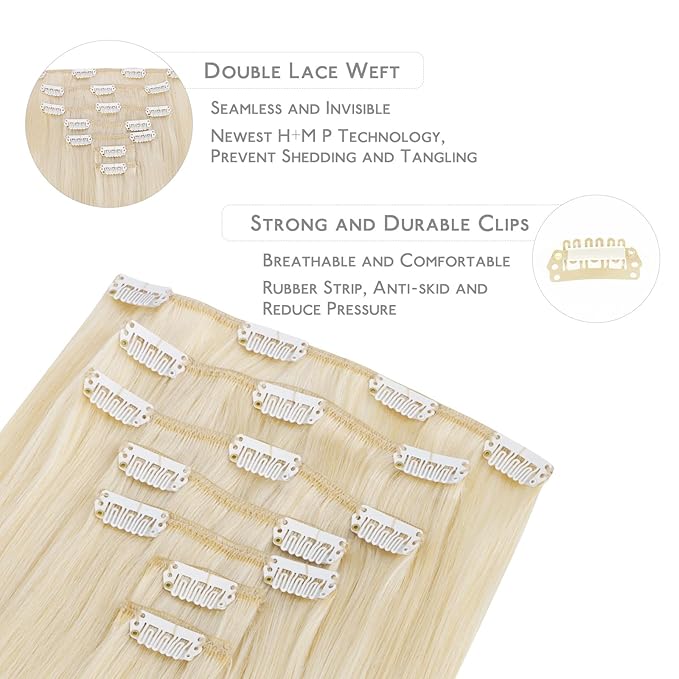 WENNALIFE 24 Inch Clip in Hair Extensions - Real Human Hair, 120g 7pcs Platinum Blonde Remy Double Weft