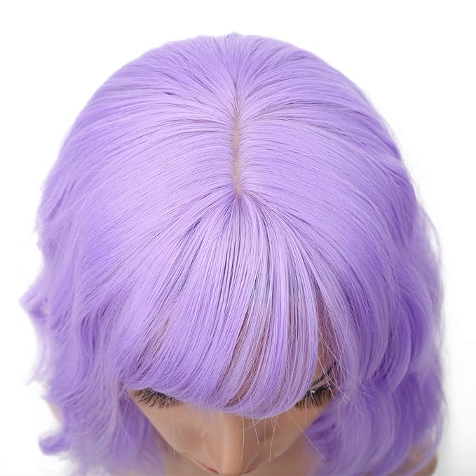 FAELBATY Short Wavy Purple Wigs With Air Bangs Shoulder Length Wig For Women Girls Curly Wavy Synthetic Halloween Cosplay Costume Wigs (12" Purple)