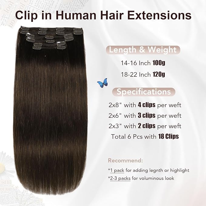 XDhair 22 Inch Clip in Hair Extensions 6 Pcs 120G Dark Brown Real Human Hair Extensions Clip ins Long Straight Hair for Women #2 22 Inch