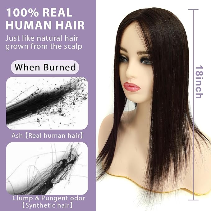 Hair Toppers for Women Real Human Hair, 3x5 Inch Injected Silk Base No Bangs 18 Inch Length 130% Density Hairpieces #1C Natural Black (Subtle Red Undertones in Sunlight)