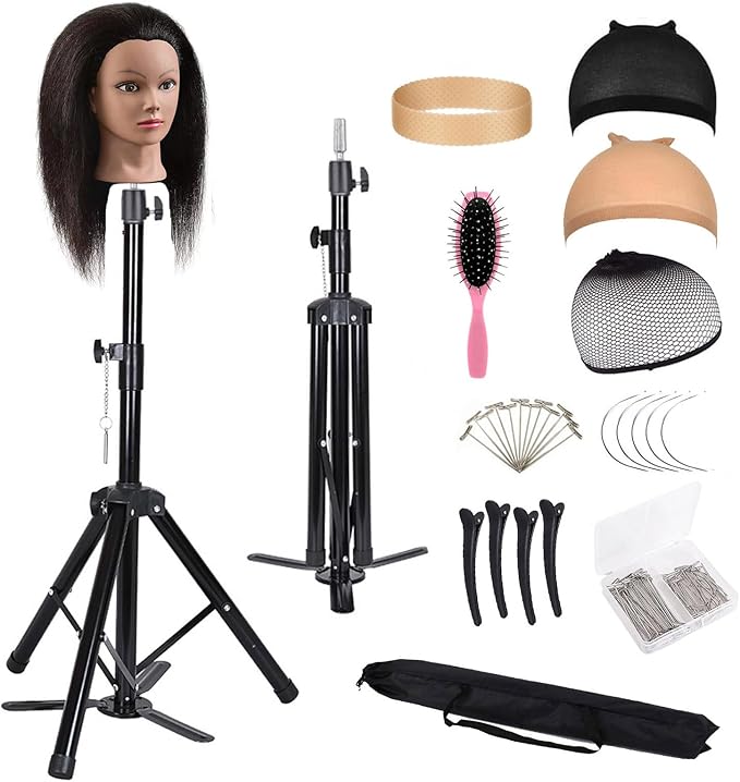 Upgraded Wig Stand Tripod, 55" Heavy Duty Reinforced Adjustable Mannequin Head Stand Tripod for Styling Cosmetology Hairdressing Training, Metal Wig Head Stand Holder with Wig Caps,Paddle Comb T-Pins (55" Black Tripod with Pedal)