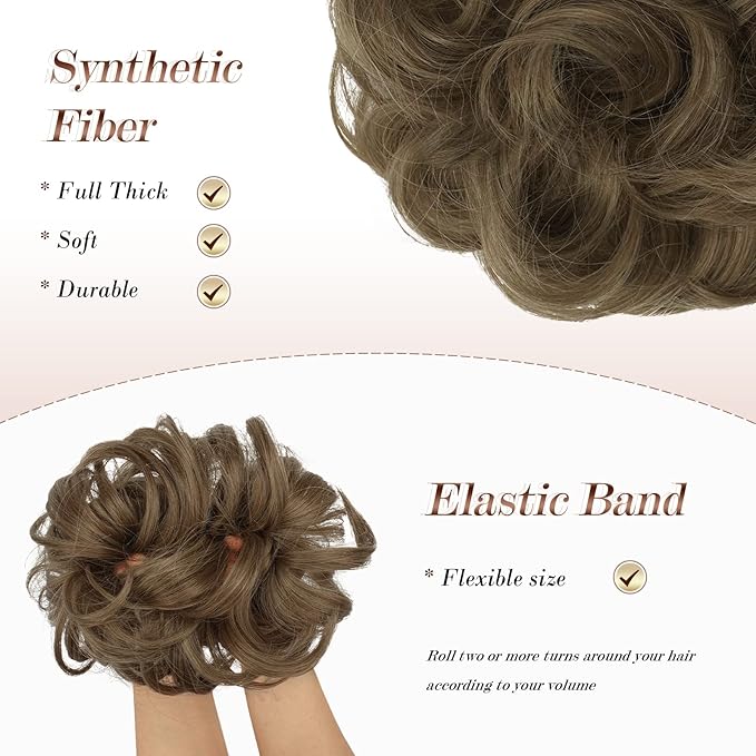 FESHFEN Messy Bun Hair Piece - Elastic Wavy Curly Hair Bun Scrunchies Extensions Synthetic Chignon Hairpieces for Women Girls, Light Brown mix Natural Blonde 1.5 oz