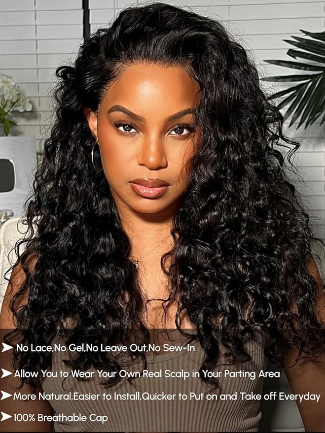 YIROO EasiContour V Part Wigs Human Hair Jerry Curly Glueless Human Hair Wigs Upgraded U Part Curly Wigs No Leave Out No Gel V Shape Clip in Half Wig Beginner Friendly Ready to Go Wig 20 inch