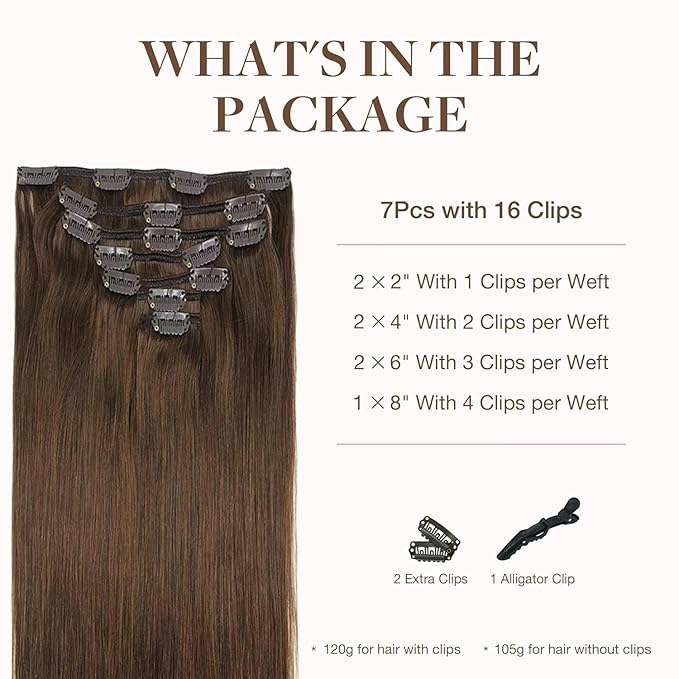 GOO GOO Clip in Hair Extensions Real Human Hair, Remy Human Hair Extensions Clip ins for Women, Natural Human Hair, 16inch 160g 7Pcs, #4A Chocolate Brown