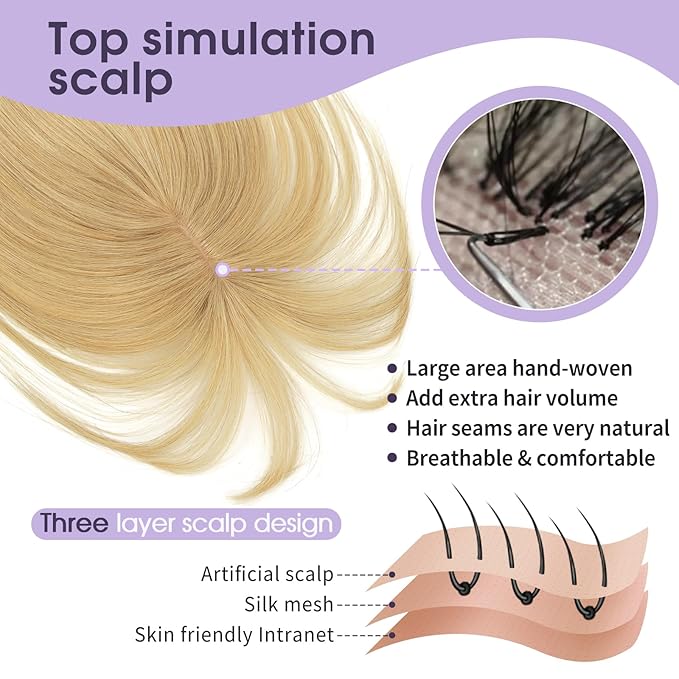 Human Hair Topper with Bangs – 100% Real Remy Hair Topper for Women, Thin Skin Base & Natural Hairline for Thinning Crown, Clip-In Hairpiece (8inch, Strawberry Blonde)