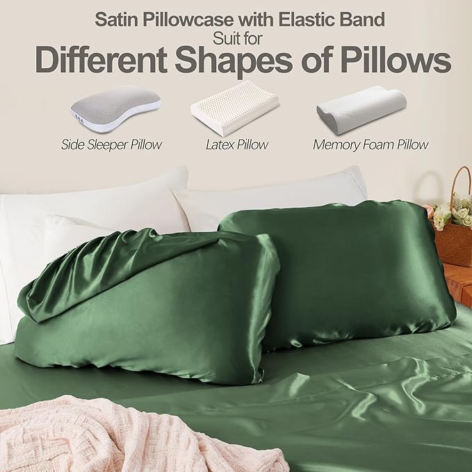 SiinvdaBZX Woodland Green Satin Pillowcase Standard/Queen Size Set of 2, Silky Travel Elastic Band Satin Pillow Case for Hair and Skin, Soft Portable & Fit for Various Pillow