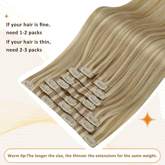 Full Shine Clip in Hair Extensions Human Hair Dark Blonde Mix Light Blonde Seamless Hair Extension Clip ins PU Weft for Women 20 Inch 8 PCS 120 Grams