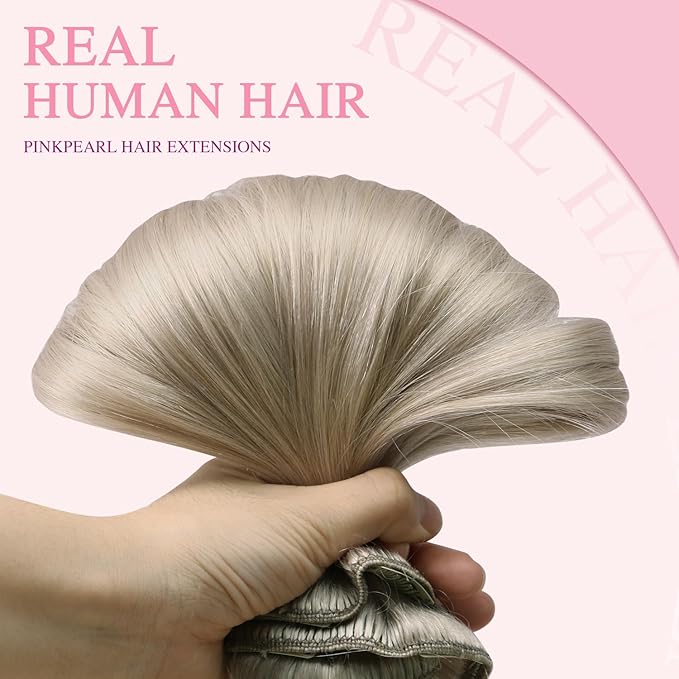 PINKPEARL Clip in Hair Extensions Real Human Hair, 16 Inch 120g 7pcs #1000 Gray Blonde Human Hair Extensions Clip Ins, Remy Hair Clip ins(#1000-16)