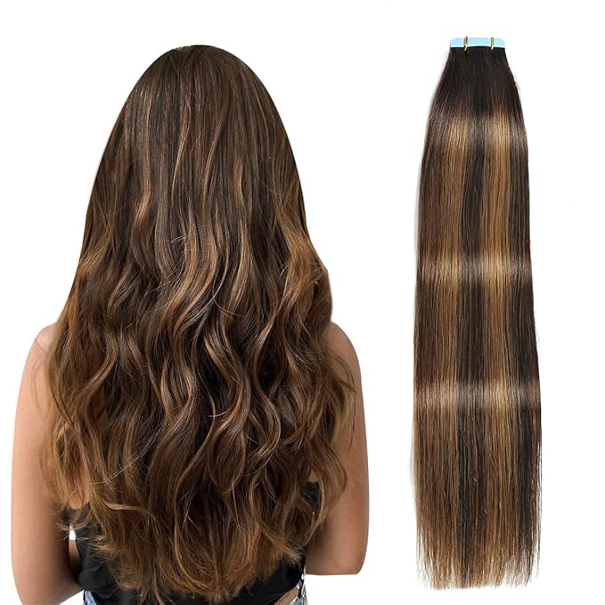SUYYA Tape in Hair Extensions Human Hair Balayage Darkest Brown to Light Brown 14 Inch 40g/pack 20pcs Straight Seamless Skin Weft Tape in Real Human Hair Extensions(14inch #P2/8/T2)
