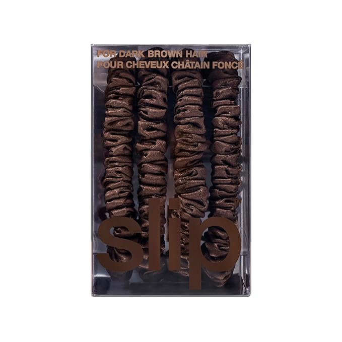 slip Silk Skinny Scrunchies - Dark Brown | Set of 4 Skinny Scrunchies | 100% Mulberry Silk, Anti-Crease, Gentle on Hair, Reduces Breakage | Stylish & Durable, Ideal for All Hair Types
