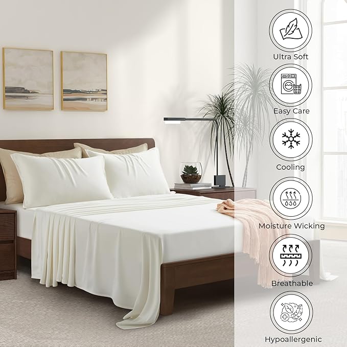 Luxury Bamboo Market | Queen Envelope Pillowcase Set | 100% Viscose Made from Bamboo | Organically Grown | Ultra Soft | Cooling | 2pcs [Opulent Ivory]
