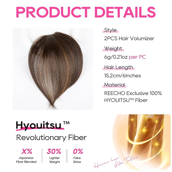 REECHO Clip in Hair Volumizer, 2PCS 6 inch Short Thick Clip in Hairpieces Adding Extra Volume Hair Extensions for Women (Dark Brown with Highlights)