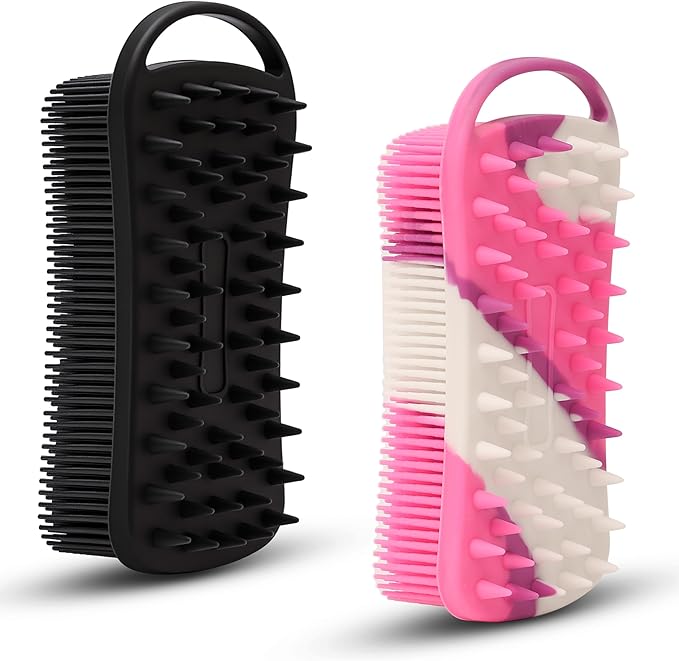 2 PC Silicone Body Scrubber, 2 in 1 Exfoliating Shower Bath Scrubber, Soft Silicone Loofah for Sensitive Skin, Shower Hair Scalp Massager, Easy to Clean, Lather Well (Black&Purple)