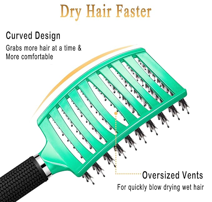 KTKUDY Detangling Brush Getting Knots Out without Pain - Boar Bristles HairBrush Make Hair Shiny & Healthier Vented Detangler Brush for Women Men Kids Wet and Dry Hair (Yellow & Green)
