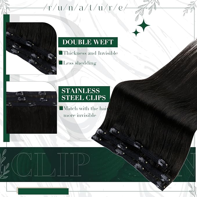 RUNATURE Real Human Hair Clip in Extensions Black, 10 Inch Clip in Hair Extensions, Short Hair Extensions Clip Ins, Remy Natural Hair For Women, Easy To Apply, 50g 3pcs #1B Off Black