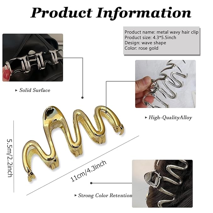 Hair Clip, Gold Irregular Waves, 1Pcs 4.52Inch Hair Claw Clips for Thin Thick Hair Accessories, Non-slip Head Clip, Elegant Hair Accessories