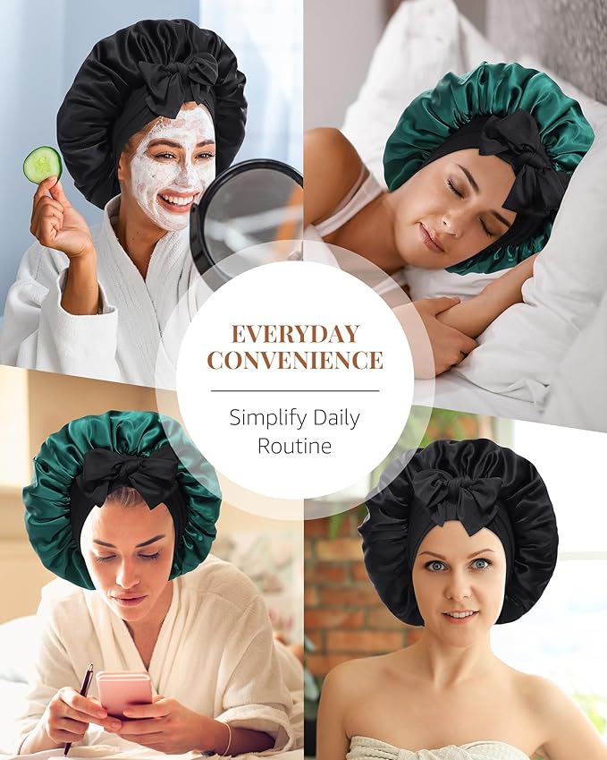 AWAYTR Silk Bonnet for Sleeping Women 100% Mulberry Silk Bonnet with Band 2 Layer Reversible Hair Bonnet Sleeping Hair Wrap (Silk, Black/Green)
