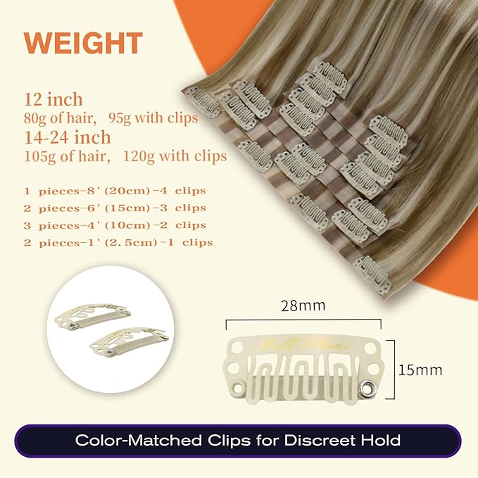 Full Shine Blonde Highlights Clip in Extensions Seamless Human Hair Clip ins Light Brown with Platinum Blonde Extensions Clip ins for Women Full Head 18 Inch 8 PCS 120 G