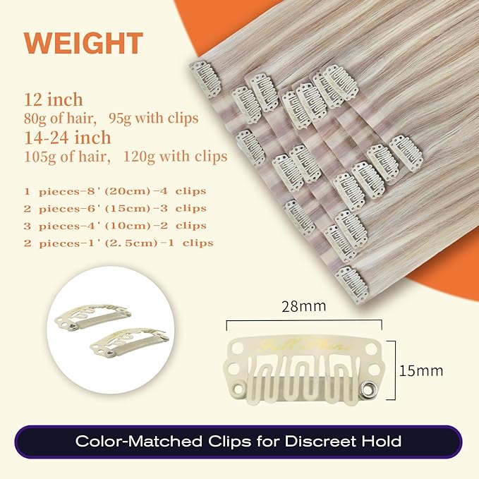 Full Shine Clip in Hair Extensions Ash Blonde Highlight Bleach Blonde Seamless Clip in Human Hair Extensions 16 Inch Human Hair Extensions With Highlights PU Clip in Extension 120 Grams 8 Pcs