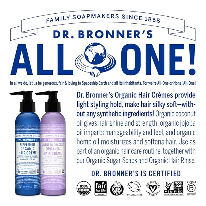 Dr. Bronner's - Organic Hair Crème (Lavender Coconut, 6 Ounce) - Leave-In Conditioner and Styling Cream, Made with Organic Oils, Hair Cream Supports Shine and Strength, Nourishes Scalp, Non-GMO