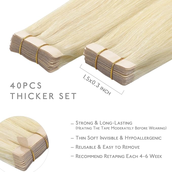 WENNALIFE Tape in Hair Extensions Human Hair, 40pcs 60g 10 inch Platinum Blonde Hair Extensions Real Human Hair Straight Tape in Extensions Invisible Human Hair Extensions Reusable Real Hair Extension